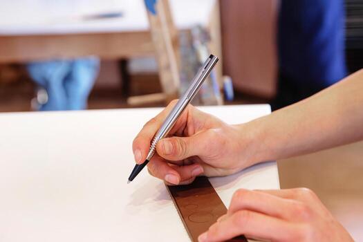 Closeup of an artist hand drawing circular shapes on a piece of linoleum using a pen and ruler. Student sketching print design photo