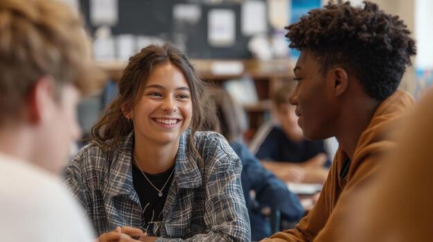 Students engaged in a lively discussion during a classroom activity at a high school setting in the afternoon photo