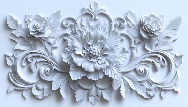 Elegant white floral relief sculpture featuring roses and intricate scrollwork photo