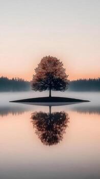 A tree is reflected in a lake at sunrise photo