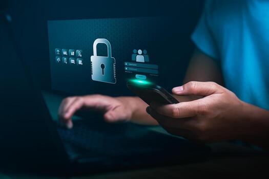 la seguridad cibernética iniciar sesión interfaz en ordenador portátil y teléfono inteligente, usuario accediendo seguro sistema con contraseña autenticación, digital datos proteccion, identidad verificación, cifrado acceso controlar tecnología foto