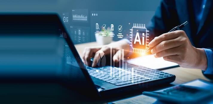 AI-powered business data analytics and dashboard performance report visualization, futuristic digital interface for smart decision making, technology for enterprise insight and intelligent analysis photo