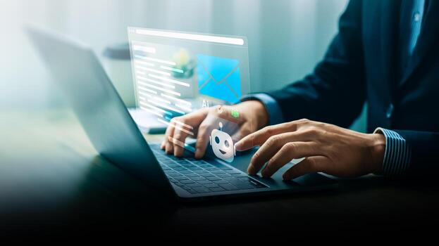 Businessman using laptop with AI-powered email writing assistant, illustrating artificial intelligence automation for smart communication, productivity, and efficient message generation photo