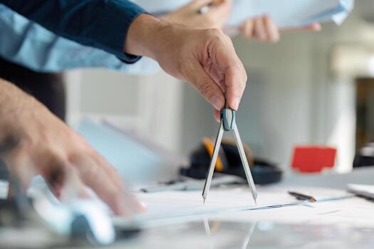 Architect using compass to design plans on a workspace table. photo
