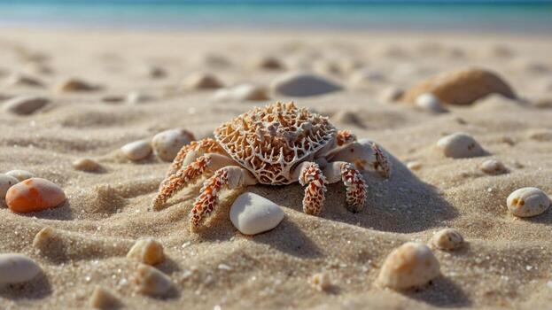 A close-up view of a patterned crab on a sandy beach, surrounded by small seashells under a clear sky photo