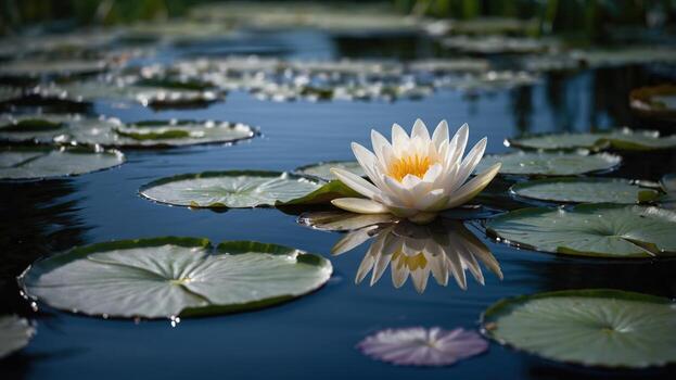 Serene water lily blooming on a tranquil pond, surrounded by green lily pads and gentle reflections photo