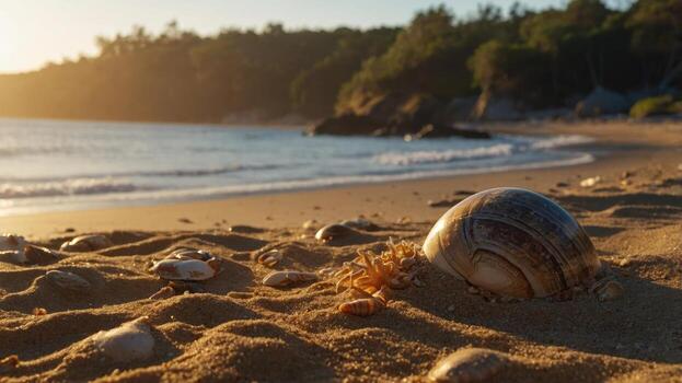 Serene beach scene at sunset featuring a large shell and tiny crabs on golden sand, with gentle waves photo