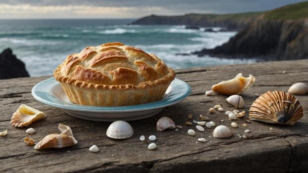 Freshly baked pie resting on a wooden table by the seaside, with shells scattered around and waves crashing photo