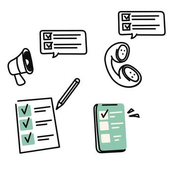 a set of icons that include a phone, a clipboard, and a check box, survey icon vector