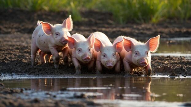 Group of playful piglets wading through a muddy puddle on a sunny farm, with green grass in the background photo