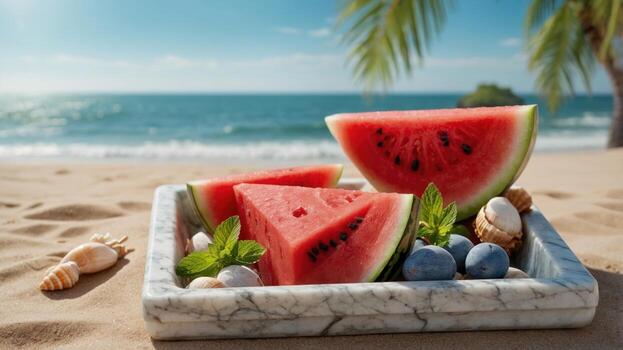 Refreshing watermelon slices served on a marble platter, beach setting with ocean waves and palm trees photo