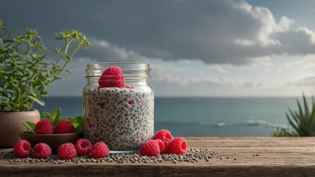 Fresh chia seed pudding topped with raspberries, set against a scenic ocean view with clouds photo