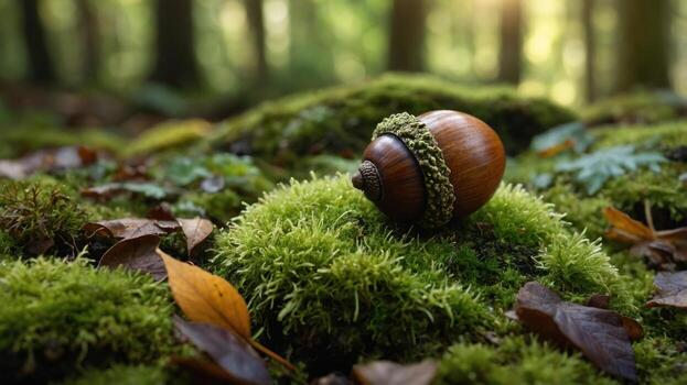 Acorn resting on vibrant green moss in a serene forest setting with soft sunlight filtering through trees photo