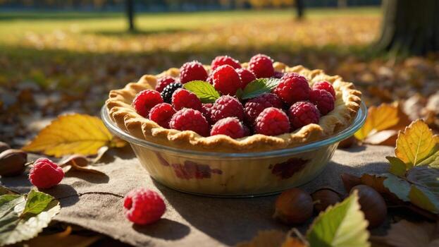 Fresh raspberry pie placed on a rustic cloth in a vibrant autumn setting surrounded by fallen leaves photo