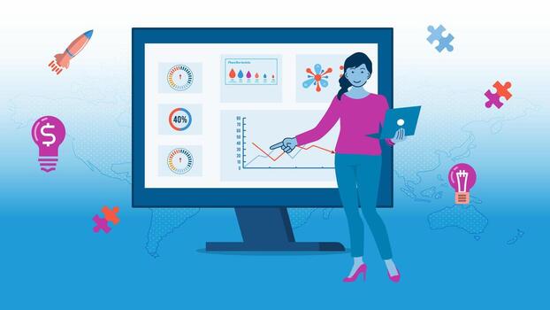 Woman presenting data on a monitor vector