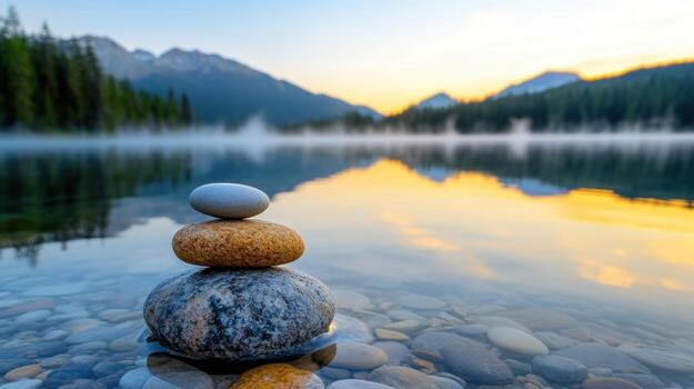 Early morning light casts a beautiful glow over a calm lake, where three stones are balanced on top of each other, reflecting the stillness of nature and nearby mountains photo