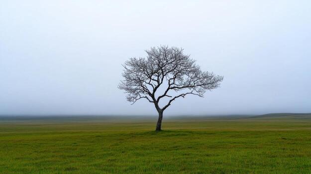 A solitary tree rises against a gray sky in an expansive fog-covered field during the early morning hours. The scene evokes a sense of tranquility and isolation photo