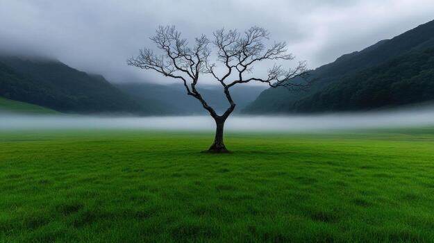 un solitario árbol sube en un lozano verde Valle envuelto en niebla a amanecer. el rodeando montañas telar debajo un nublado cielo, agregando a el sereno atmósfera foto
