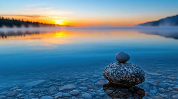 A serene lake setting captures a beautiful sunrise, with mist hovering over the water. Balanced stones rest on smooth pebbles, showcasing tranquility and harmony in nature photo