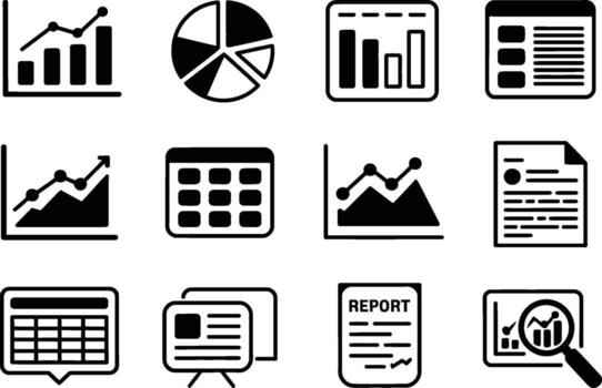 Black and White Business Data Charts Graphs Icons Set vector