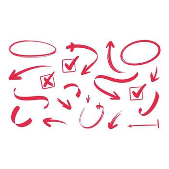 Hand drawn red sketch arrows and check marks on white background vector
