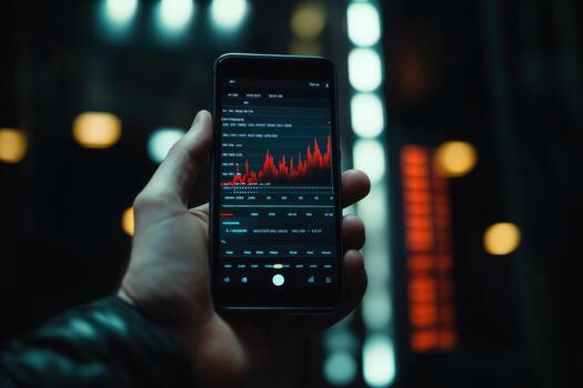 A person holding up a smartphone with a graph on the screen photo