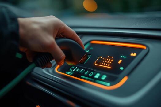 A person is holding a car key and plugging it into the car photo