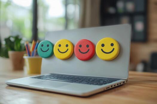 A laptop with four smiley faces on it photo