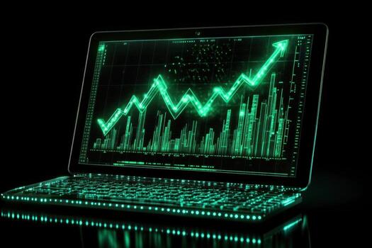 Laptop with green glowing graph on screen photo