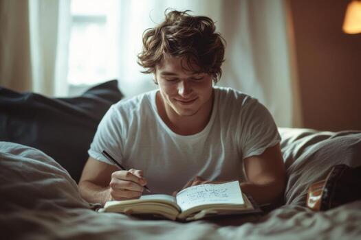 A man is sitting on a bed and writing in a book photo