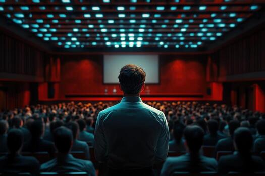 A man standing in front of a large audience photo