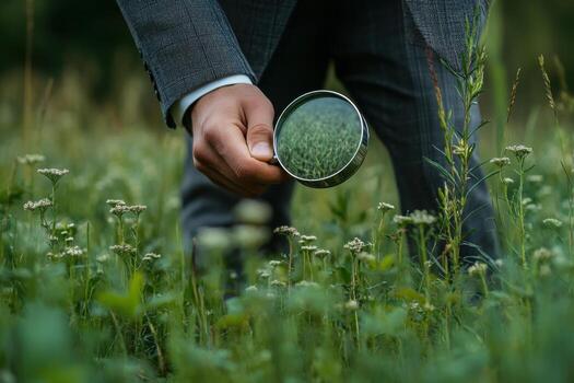 A man in a suit is looking at a field of grass with a magnifying glass photo