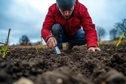 A man is kneeling down in the dirt with a shovel photo