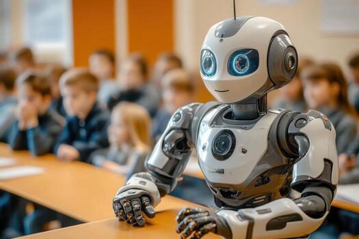 A robot is sitting in front of a classroom photo