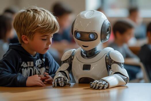 A young boy is looking at a robot photo