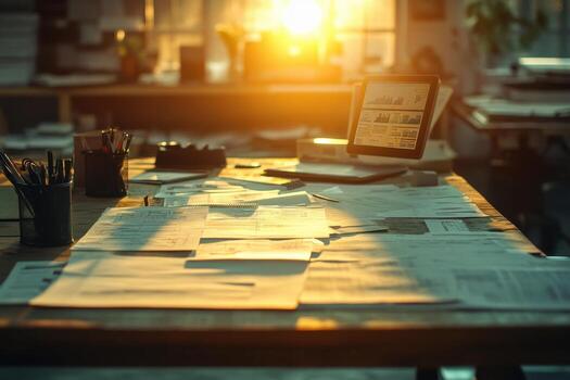 An office desk with papers and a laptop photo