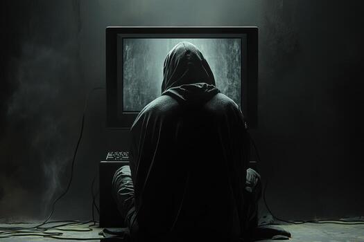 A person in a hoodie sitting in front of a computer photo