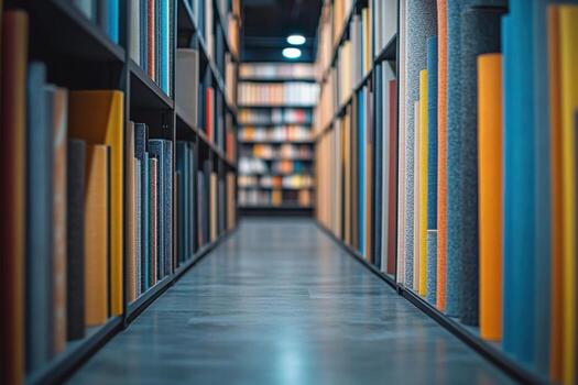 A long aisle in a library with books on the shelves photo