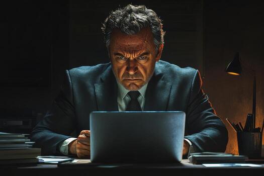 A man in a suit is looking at a laptop photo