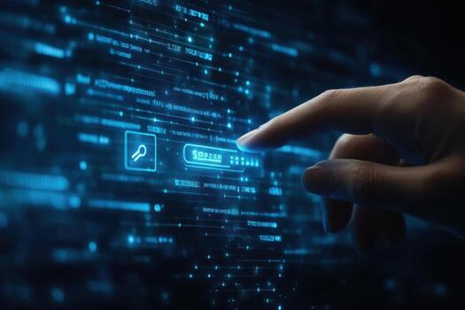 Hand pressing search button on digital interface photo