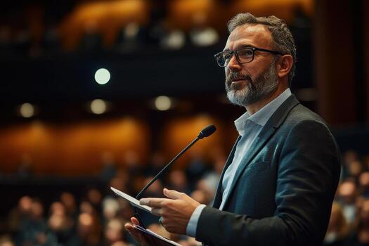 A man in a suit and glasses giving a speech photo