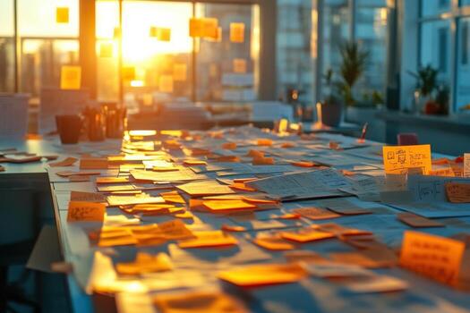 A table with sticky notes and post it notes on it photo