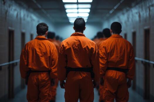 Prisoners in orange uniforms standing in a hallway photo