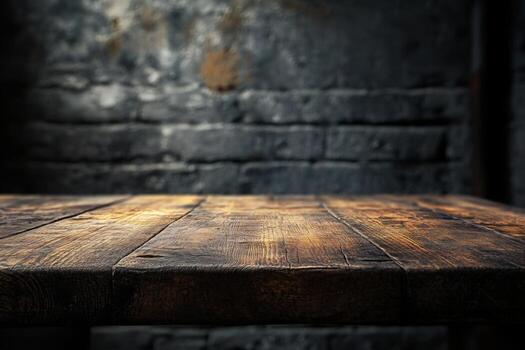 An empty wooden table in front of a brick wall photo