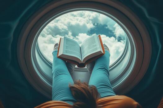 A person sitting on a chair with a book in their lap photo