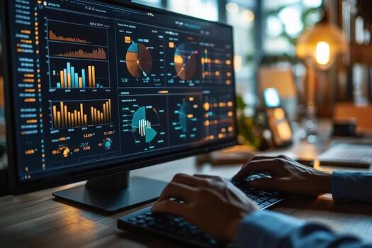 A person is typing on a computer screen with graphs on it photo