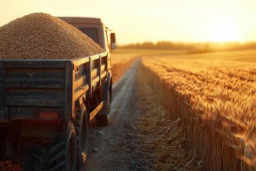 un camión es conducción abajo un la carretera con un carga de trigo foto
