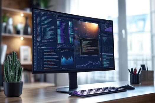 A computer monitor with a cactus plant on a desk photo