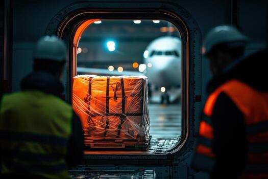 Two men in safety vests looking out of an airplane window photo