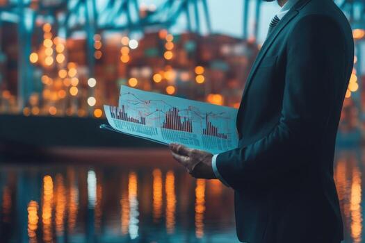 empresario en traje participación papel con gráficos en frente de envase Embarcacion foto